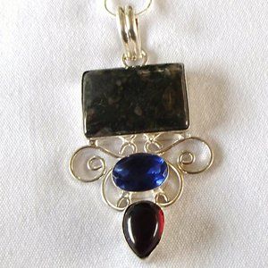 Jasper Iolite Garnet Gemstone Pendant .925 Silver Scrollwork No Chain